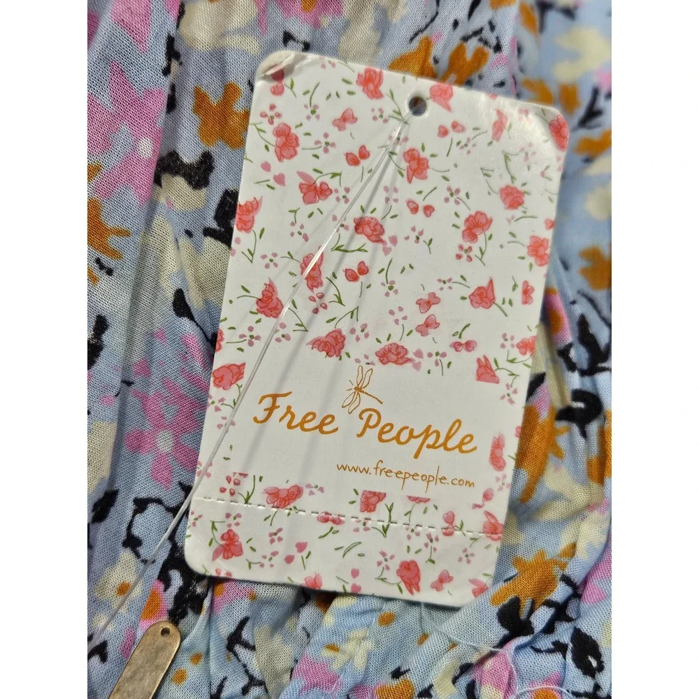Free People Sky Combo Floral Ruffle V-Neck Smocked Crop Top OB1295567‎ Large NEW
